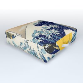 "Unsuspecting Duck," cancel culture - woke mob satirical The Great Wave off Kanagawa pop art surfing humorous seascape portrait painting Outdoor Floor Cushion