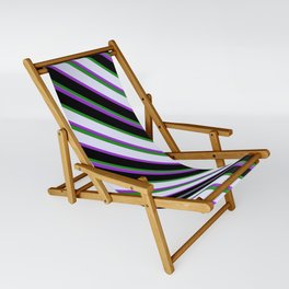 [ Thumbnail: Forest Green, Lavender, Dark Orchid, and Black Colored Striped Pattern Sling Chair ]