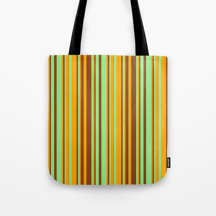 Brown, Light Green, and Orange Colored Striped Pattern Tote Bag