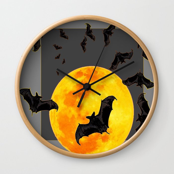 GREY HALLOWEEN BAT MIGRATION TO  MOON ART Wall Clock