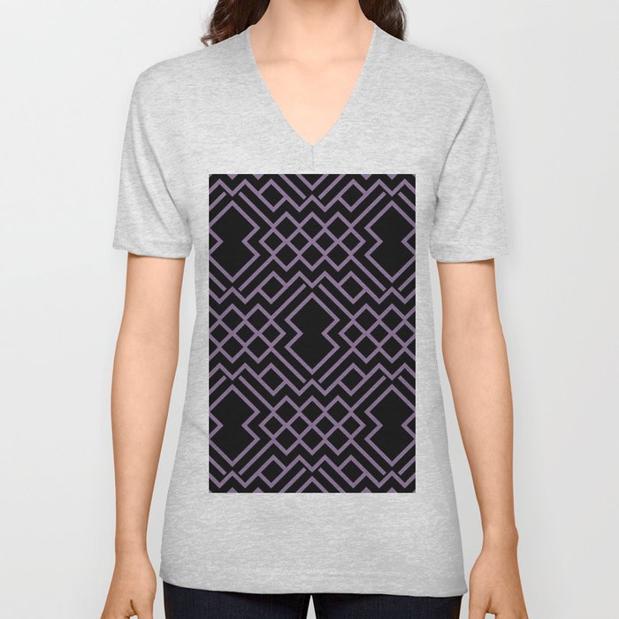 Black and Purple Geometric Shape Pattern Pairs Coloro 2022 Popular Color Lavender Silk 138-48-19 V Neck T Shirt