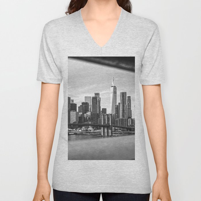 New York City Skyline | Views From the Bridge | Black and White Travel Photography V Neck T Shirt