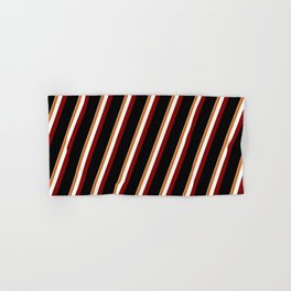 [ Thumbnail: Eyecatching Tan, Chocolate, Mint Cream, Maroon & Black Colored Pattern of Stripes Hand & Bath Towel ]