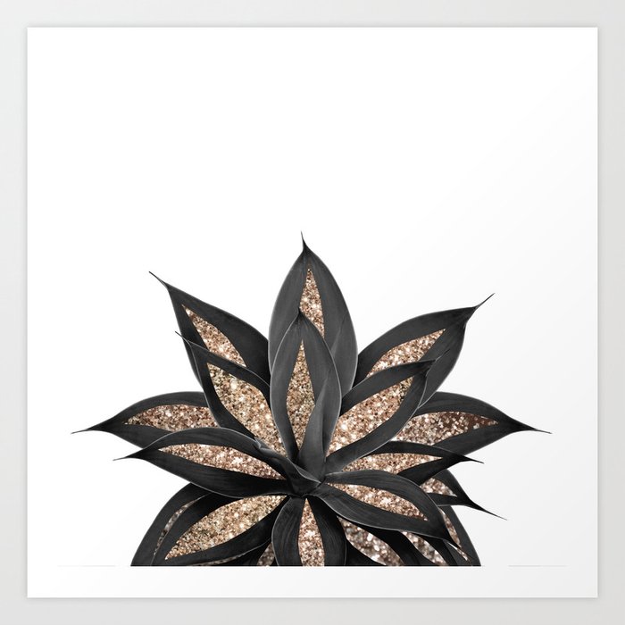 Gray Black Agave with Gold Glitter #2 (Faux Glitter) #shiny #tropical #decor #art #society6 Art Print