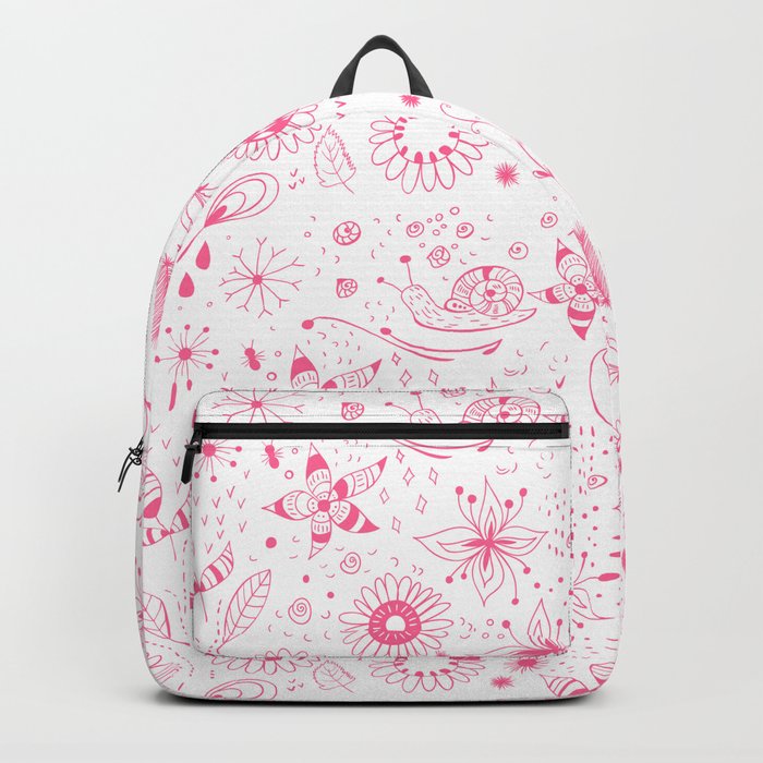 Pink doodle flowers pattern on white Backpack