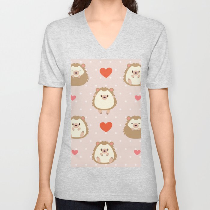 Cute Hedgehog And Heart Pattern V Neck T Shirt