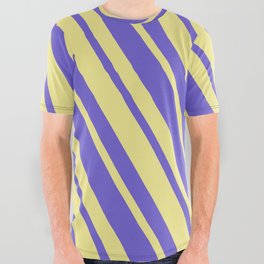 [ Thumbnail: Tan and Slate Blue Colored Lined/Striped Pattern All Over Graphic Tee ]
