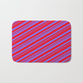 [ Thumbnail: Medium Slate Blue and Red Colored Lined Pattern Bath Mat ]
