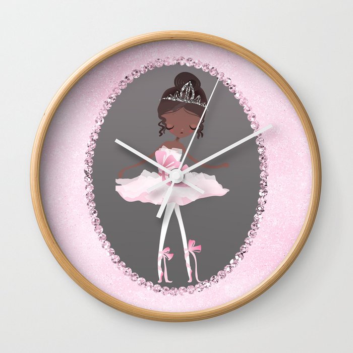 Pink & Grey Brown Ballerina Dancer Wall Clock