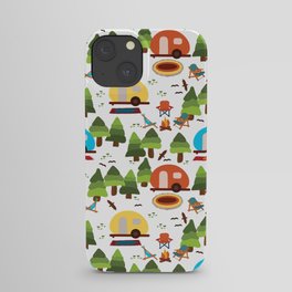 Campsite with caravans, campfire, camping chairs, trees, carpet, birds. Camping in the forest. Campground. RV. Camp night. Big scale. iPhone Case