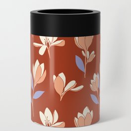 Pink and White flowers on an amber background Can Cooler