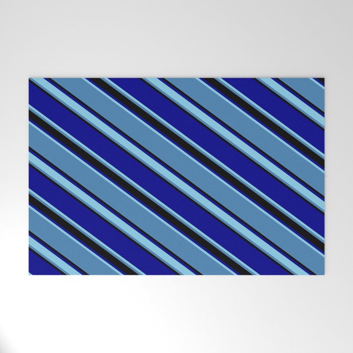 Blue, Black, Dark Blue & Sky Blue Colored Pattern of Stripes Welcome Mat