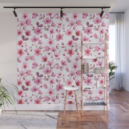 Cherry blossom flowers romantic spring pattern Wall Mural