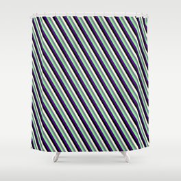 [ Thumbnail: Eyecatching Beige, Slate Gray, Light Green, Indigo, and Black Colored Lined Pattern Shower Curtain ]