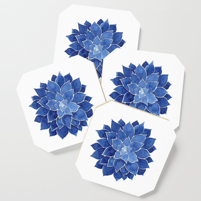 Indigo Succulent Watercolor Painting Coaster By Ccartstudio