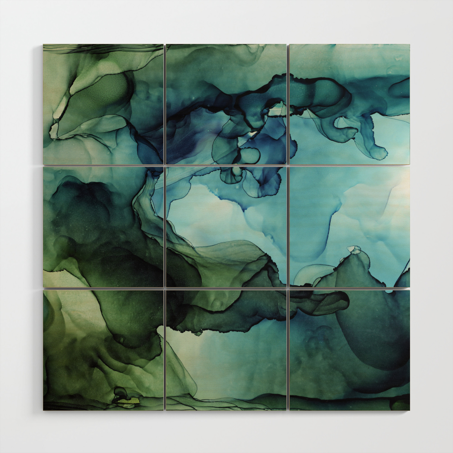 Land And Water Abstract Ink Painting Blues And Greens Wood Wall