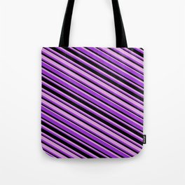 [ Thumbnail: Dark Orchid, Black, and Plum Colored Stripes Pattern Tote Bag ]
