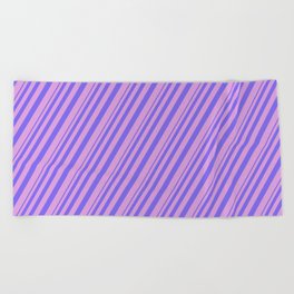 [ Thumbnail: Medium Slate Blue and Plum Colored Lined Pattern Beach Towel ]