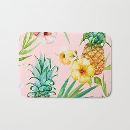 Hawaii | Vintage Tropical Botanical Jungle | Floral Watercolor Blush Pastel Pineapple Palm Painting Bath Mat