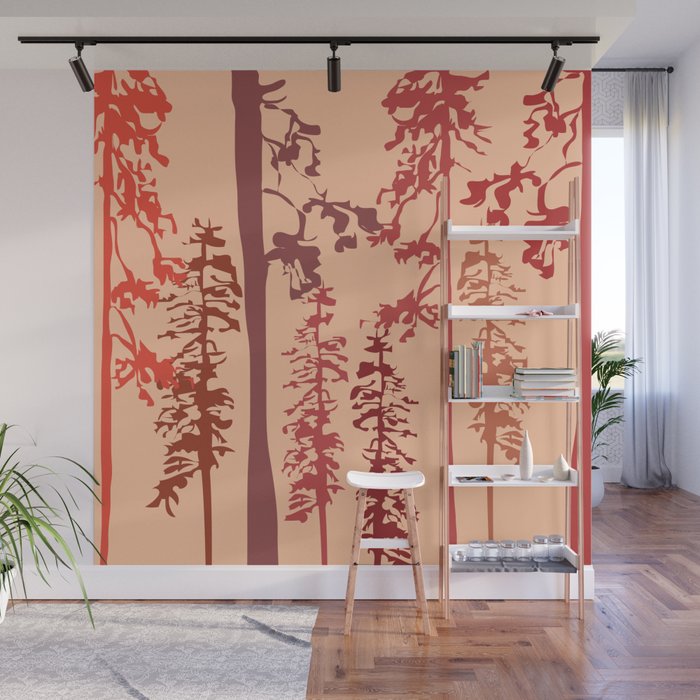 Woody - Red Minimal Forest Art Design Wall Mural