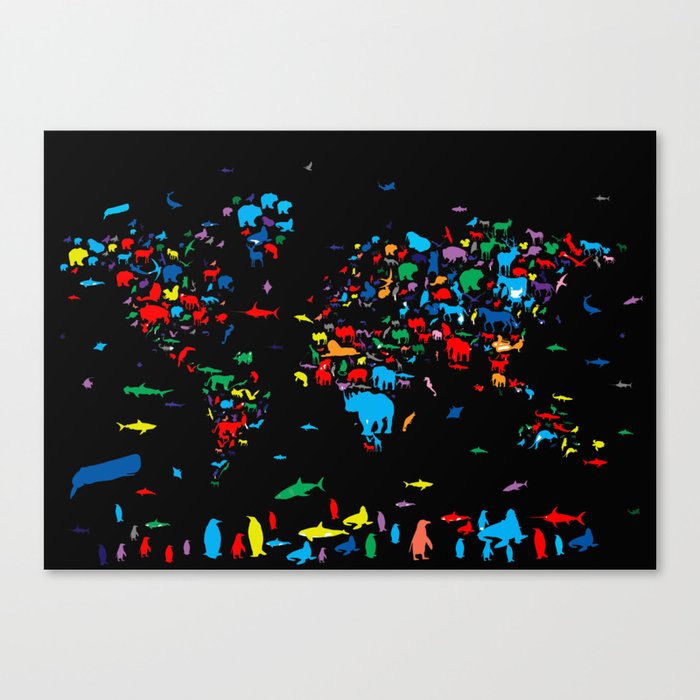 world map animals black Canvas Print