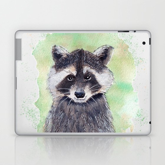 Raccoon Portrait Watercolor - White Background Laptop & iPad Skin