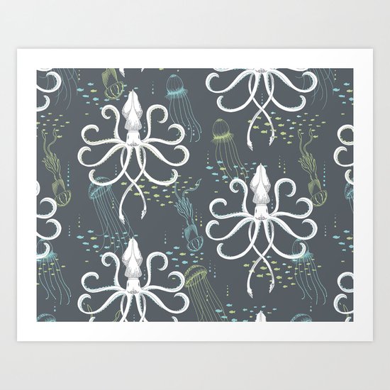 Ghostly Squid Damask Art Print