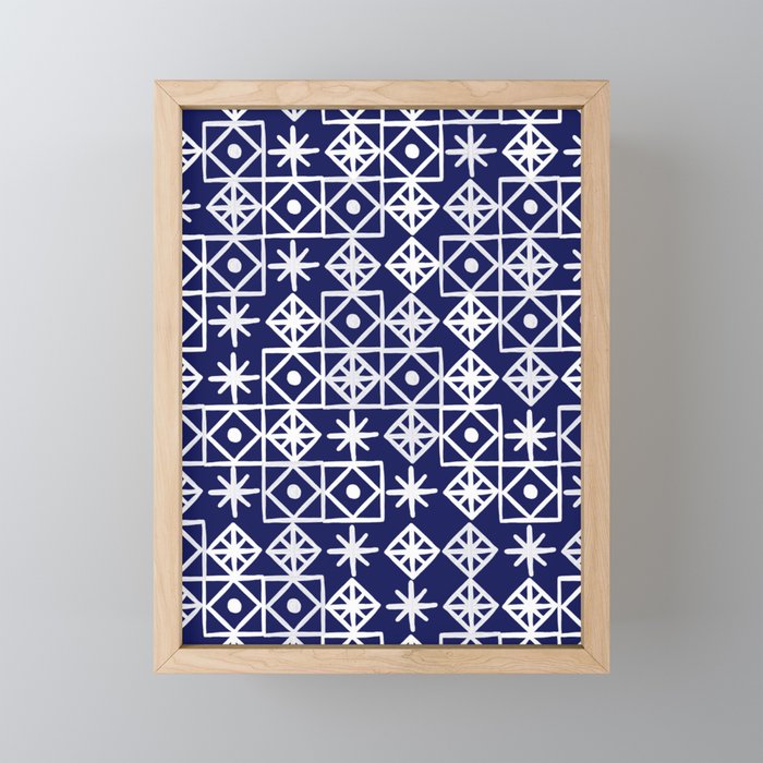 Geometric Lace – White on Navy Framed Mini Art Print