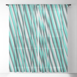 [ Thumbnail: Turquoise, Dark Slate Gray, and Light Gray Colored Pattern of Stripes Sheer Curtain ]