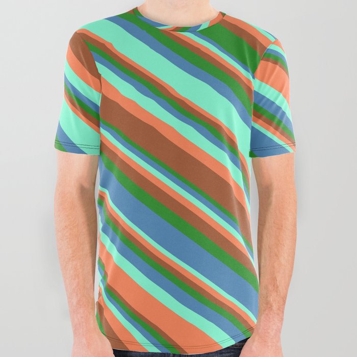 Aquamarine, Coral, Sienna, Forest Green, and Blue Colored Lined/Striped Pattern All Over Graphic Tee