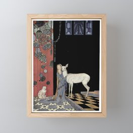 Old French Fairytales Adorable Girl, Cat and Fawn Deer Virginia Frances Sterrett Reproduction Framed Mini Art Print | Love, Painting, Virginia, 1920, Frances, Old, Artnouveau, Cats, Dark, Sterrett 