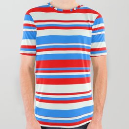 [ Thumbnail: Blue, Red & Mint Cream Colored Stripes Pattern All Over Graphic Tee ]