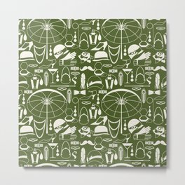 White Old-Fashioned 1920s Vintage Pattern on Olive Green Metal Print
