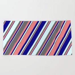 [ Thumbnail: Dim Grey, Light Coral, Dark Blue & Light Cyan Colored Stripes Pattern Beach Towel ]