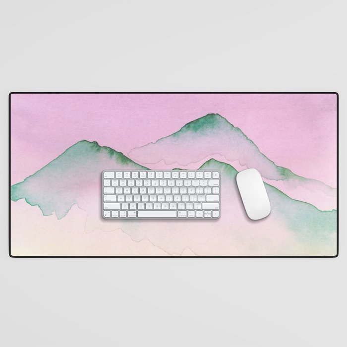 Green Top Mountain Range With Pink Sky Desk Mat