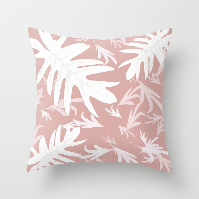 Trio palm leaves White pink autumn fall tropical pattern , society6 Throw Pillow