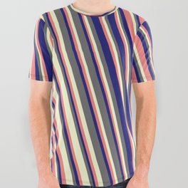 [ Thumbnail: Light Coral, Midnight Blue, Dim Grey, and Light Yellow Colored Stripes Pattern All Over Graphic Tee ]