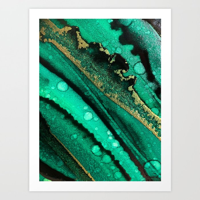 Malachite inspired alcohol ink painting with flecks of gold and hints of black and emerald green Art Print