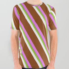 [ Thumbnail: Vibrant Green, White, Brown, Violet, and Black Colored Lines/Stripes Pattern All Over Graphic Tee ]