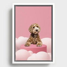 Goldendoodle Laying on Pastel Pink Podium with Cloud Framed Canvas