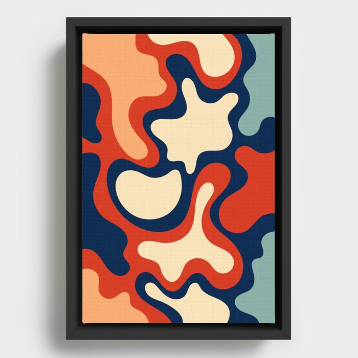Colorful and Vibrant Fluid Abstract Art In A Retro 70s & 80s Blue, Orange Color Palette  Framed Canvas
