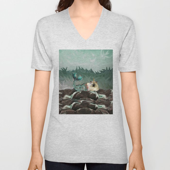 Behold the Mythical Merkitticorn - Mermaid Kitty Cat Unicorn V Neck T Shirt