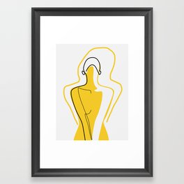 Sun Kissed Shy Girl Framed Art Print | Girl, Sketched, Line, Portrait, Feminine, Pose, Bold, Graphicdesign, Mustard, Contour 