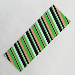[ Thumbnail: Light Salmon, Lime Green, Light Cyan, and Black Colored Lines/Stripes Pattern Yoga Mat ]