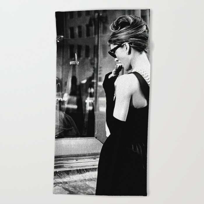 Audrey Hepburn in Black Gown, Jewelry, Vintage Black and White Art Beach Towel