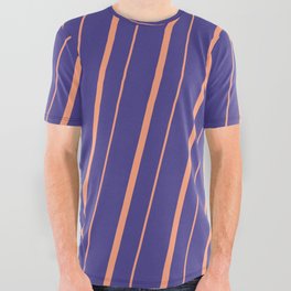 [ Thumbnail: Dark Slate Blue & Light Salmon Colored Lined Pattern All Over Graphic Tee ]