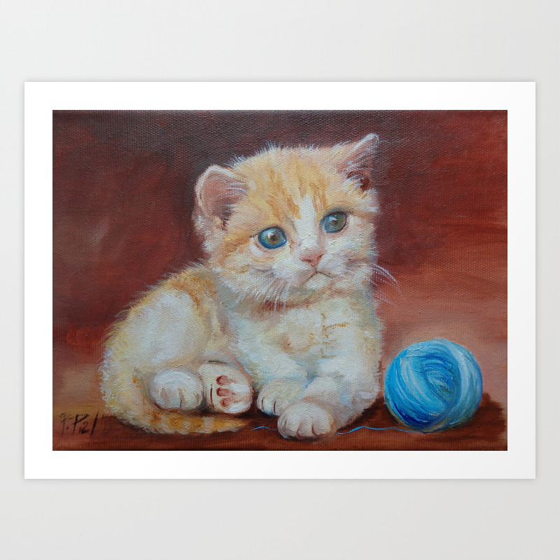 Little Kitten Playing With Ball Cute Red Tabby Cat Portrait Oil