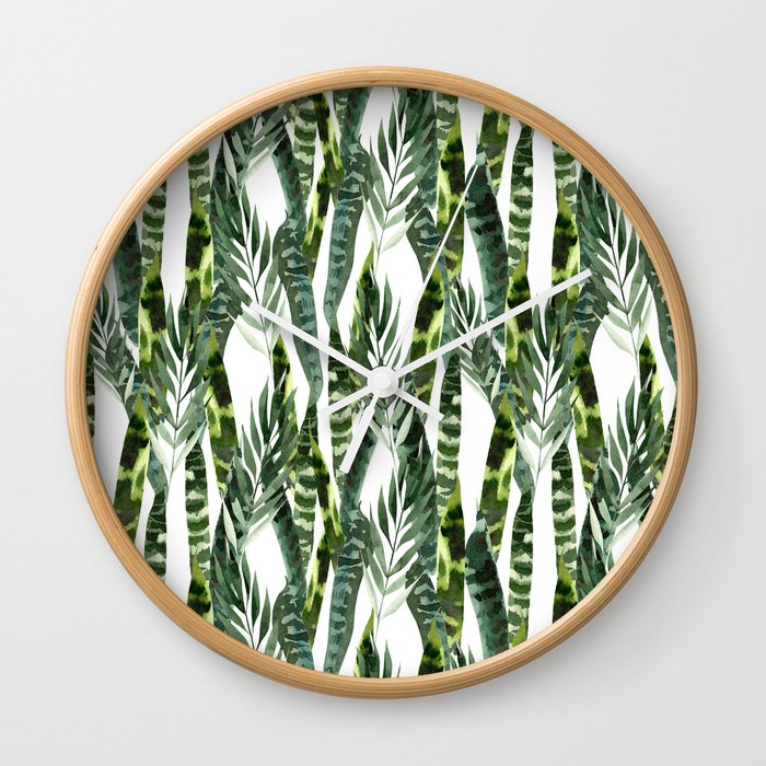 Watercolor Exotic Plants Leaves Pattern Wall Clock