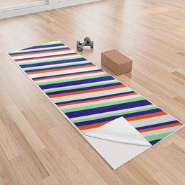 [ Thumbnail: Light Green, Blue, Red & Mint Cream Colored Stripes Pattern Yoga Towel ]