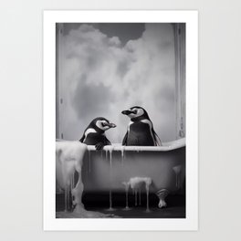 Penguins having a bath Art Print